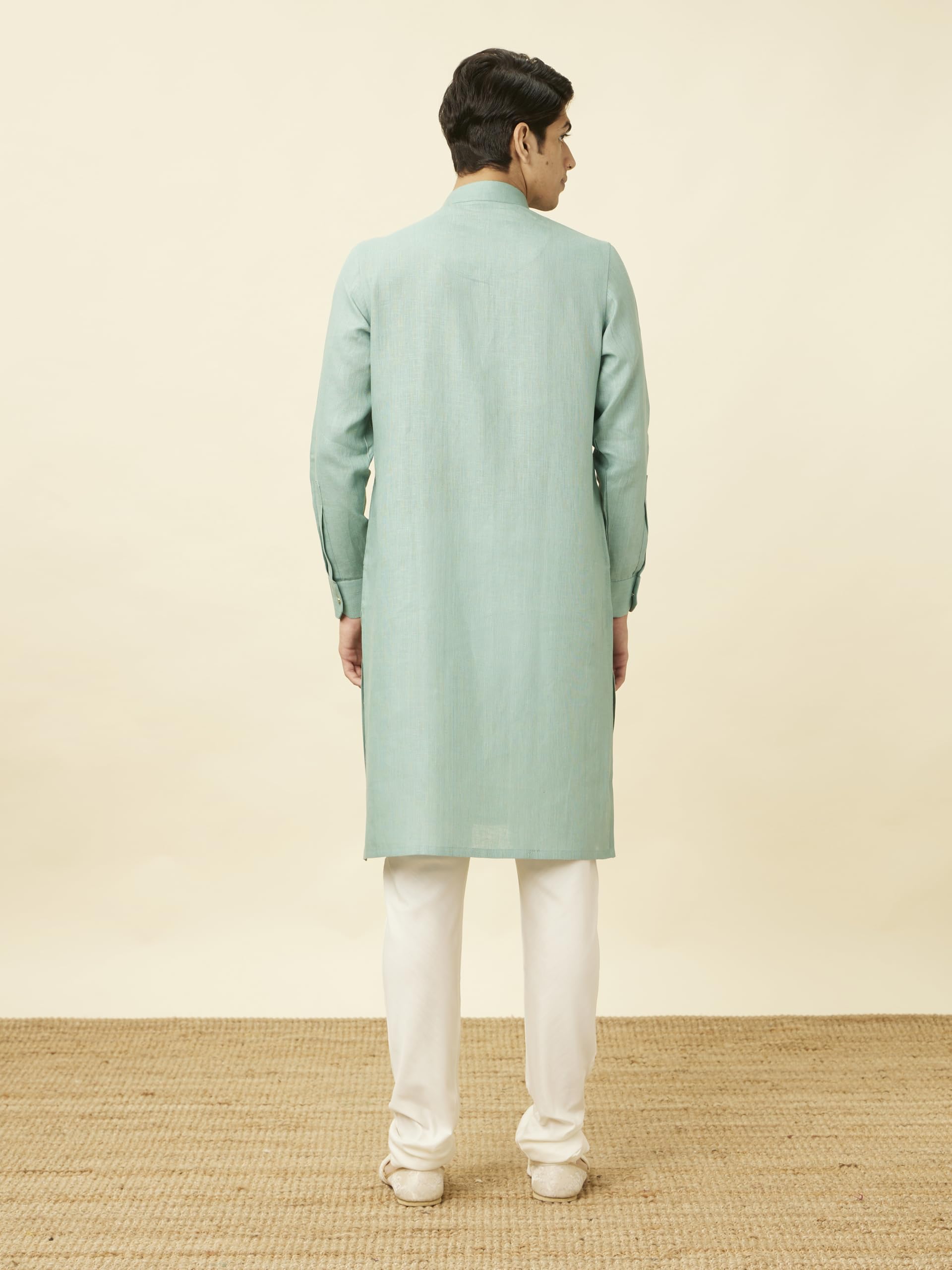 Manyavar Mens Tropical Blue Chequered Kurta