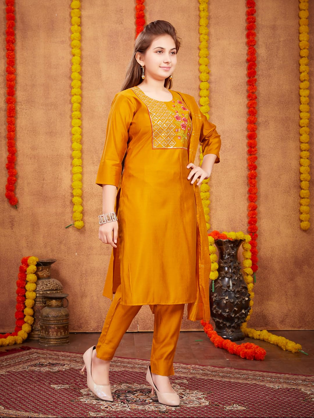 Aarika Girls Ethnic Wear Mustard Colour Zari Thread Embroidery Silk Kurti Pant Set