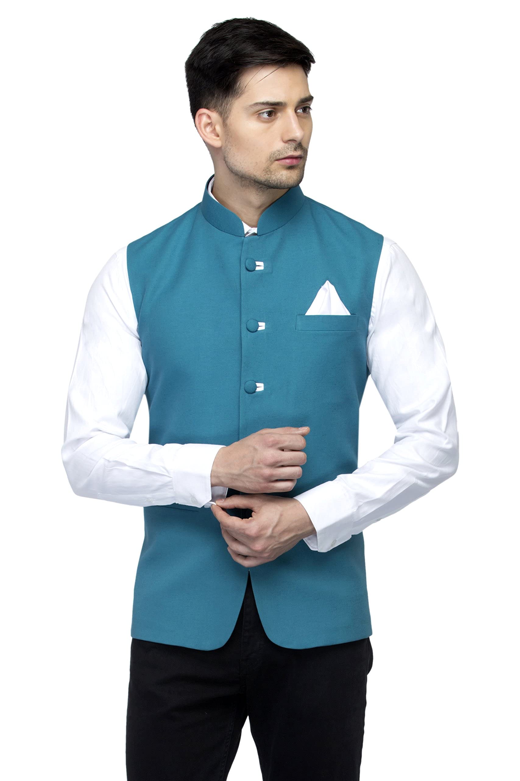 Favoroski Sleeveless Nehru Jacket With Mandarin Collar Waistcoat For Men (Blue_38)
