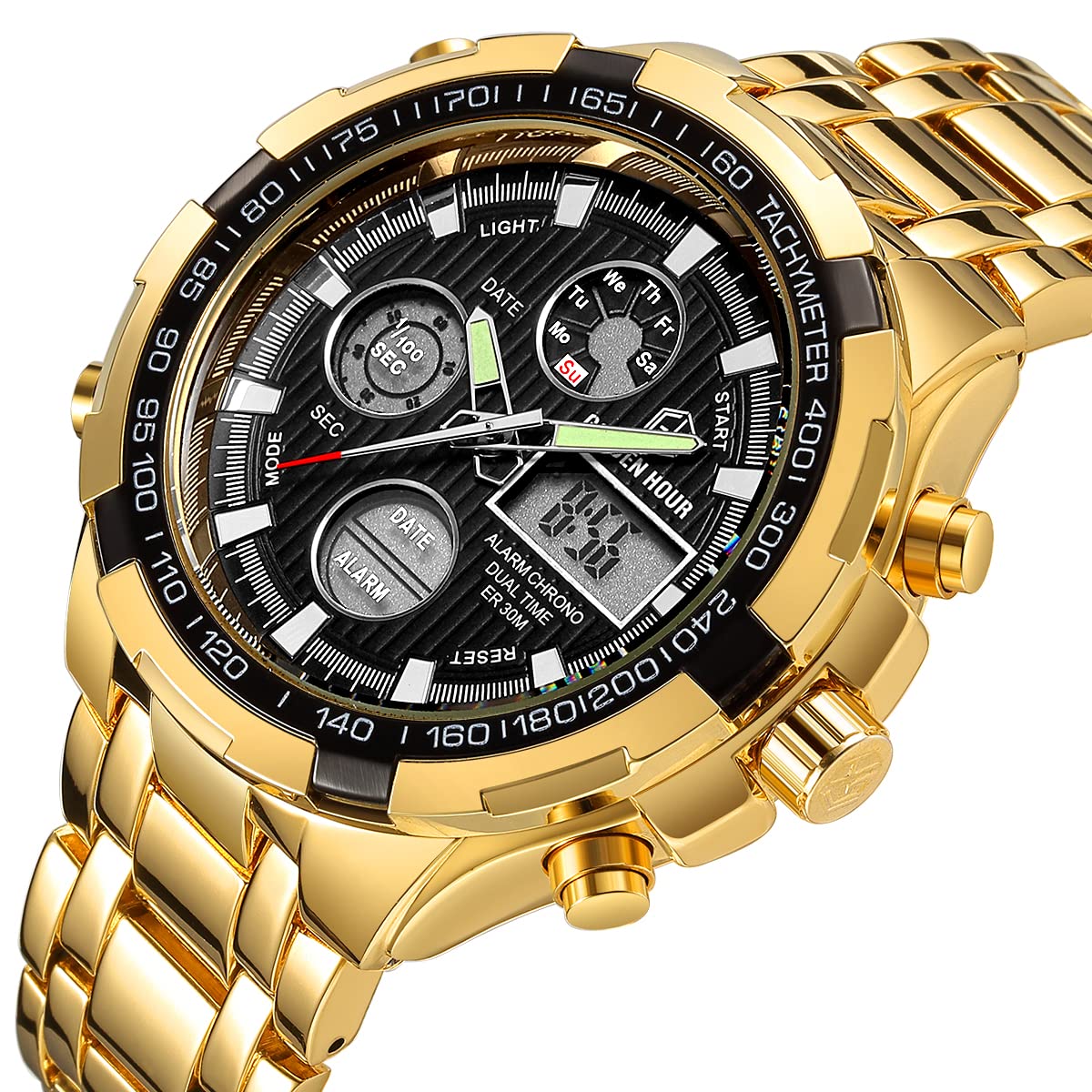 GOLDEN HOUR Luxury Stainless Steel Analog Digital Watches for Men Male Outdoor Sport Waterproof Large Big Size Heavy Wristwatch