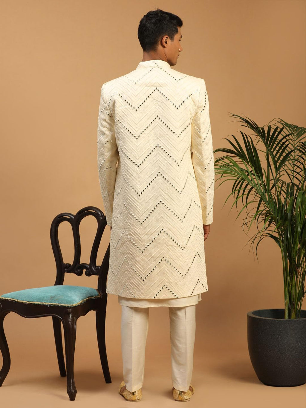 VASTRAMAY Mens Cream Viscose Sherwani Set | Set Of Layered Mirror Work Front Open Sherwani Set With Pant Style Pyjama