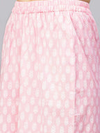 Idalia White And Sky Blue Gold Print Kurta Set With Pant And Dupatta - Pure Cotton, 3/4 Sleeve, Round V Neck, Calf Length