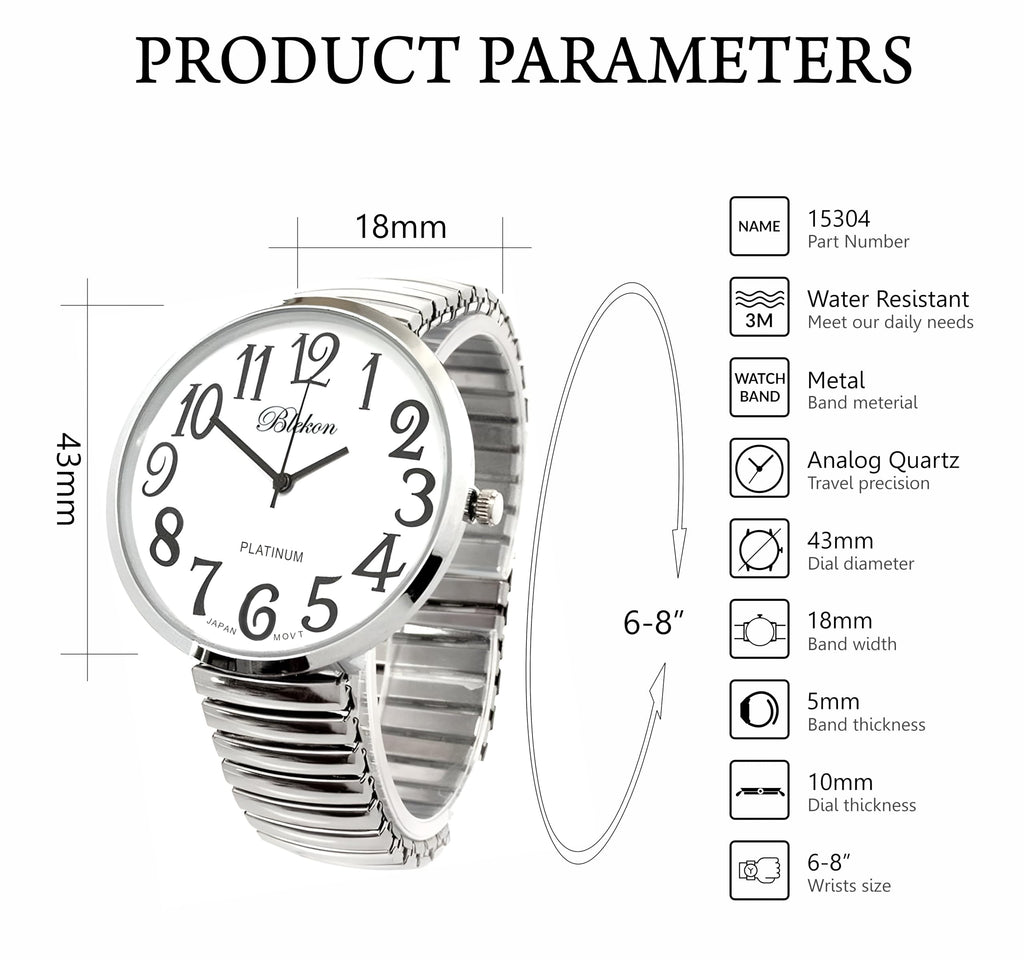 Blekon Collections Silver Super Large White Face Case Size 43mm EXTRA LARGE Stretch Band Japanese Movement PC21J Fashion Watch