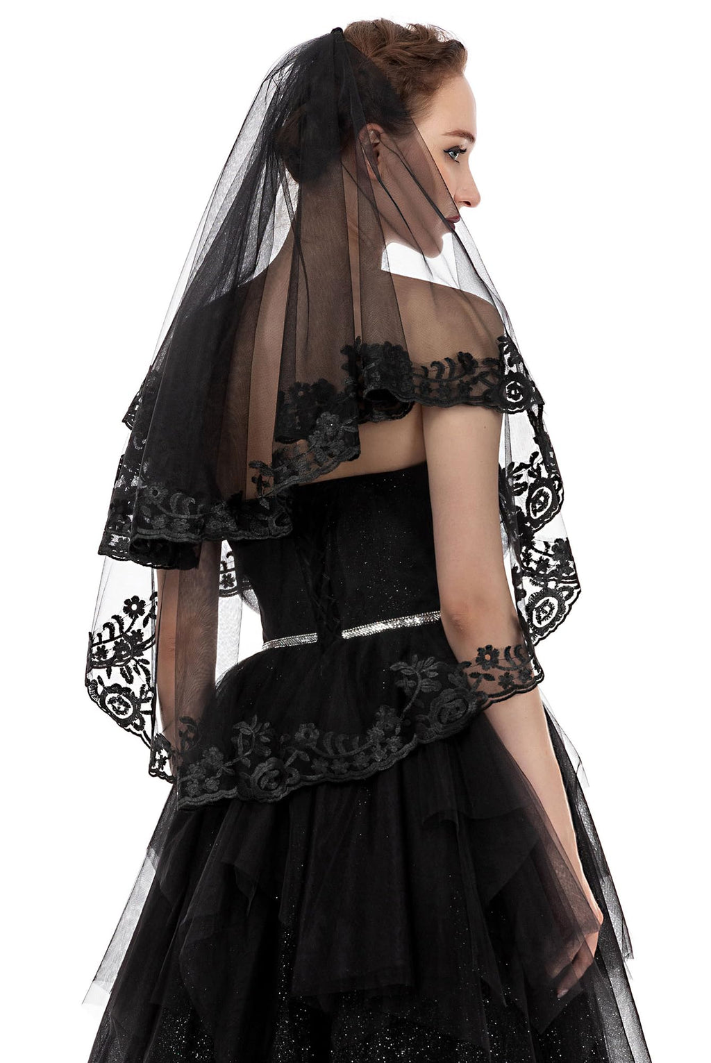 PAMOR Black Lace Veil Creative Mantilla Cathedral Tulle Sheer Wedding Halloween Veil for Bride With Comb