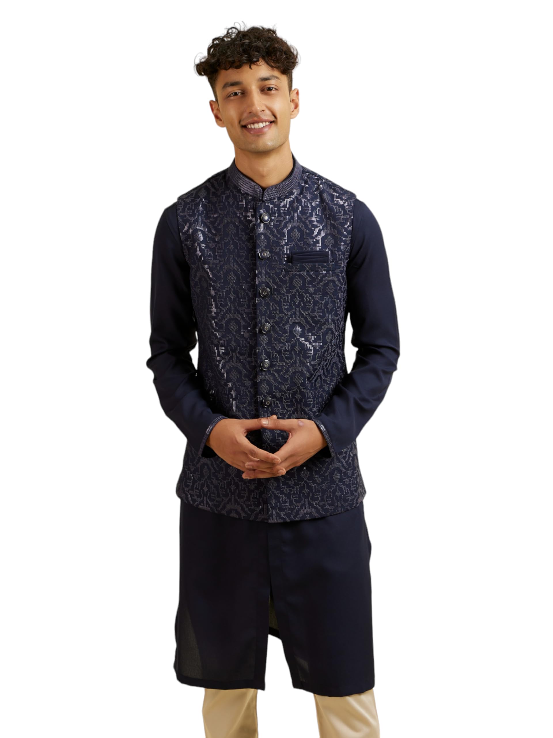 Manyavar MenS Rayon Blend Embroidered|Sequins Jacket Set (Blue,M)