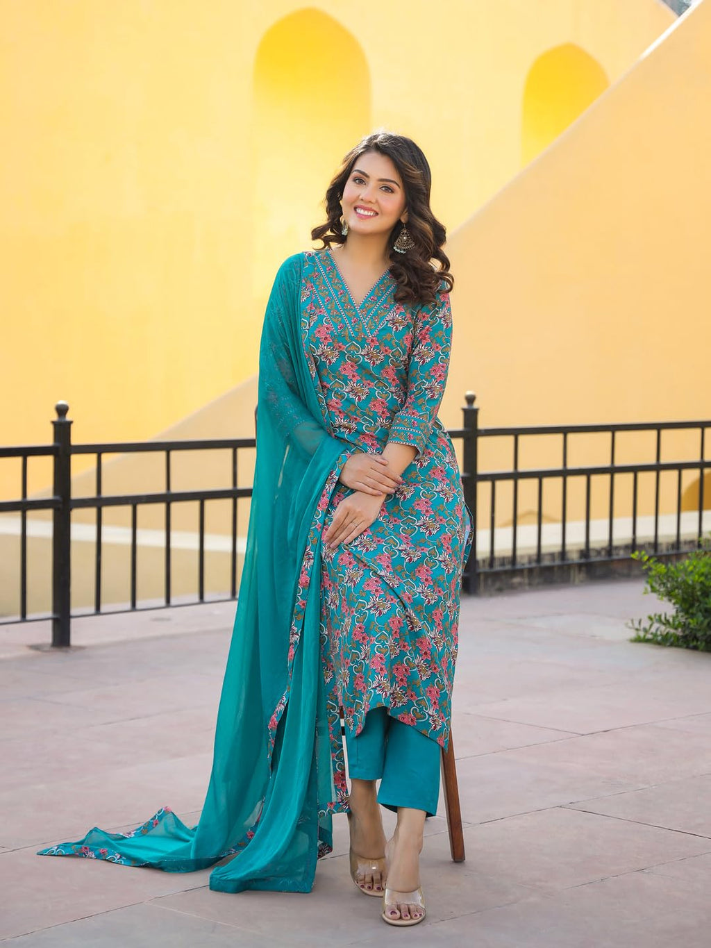ANNI DESIGNER Women s Rayon Blend Printed Straight Kurta with Pants and Dupatta, Green, 36