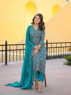 ANNI DESIGNER Women s Rayon Blend Printed Straight Kurta with Pants and Dupatta, Green, 36