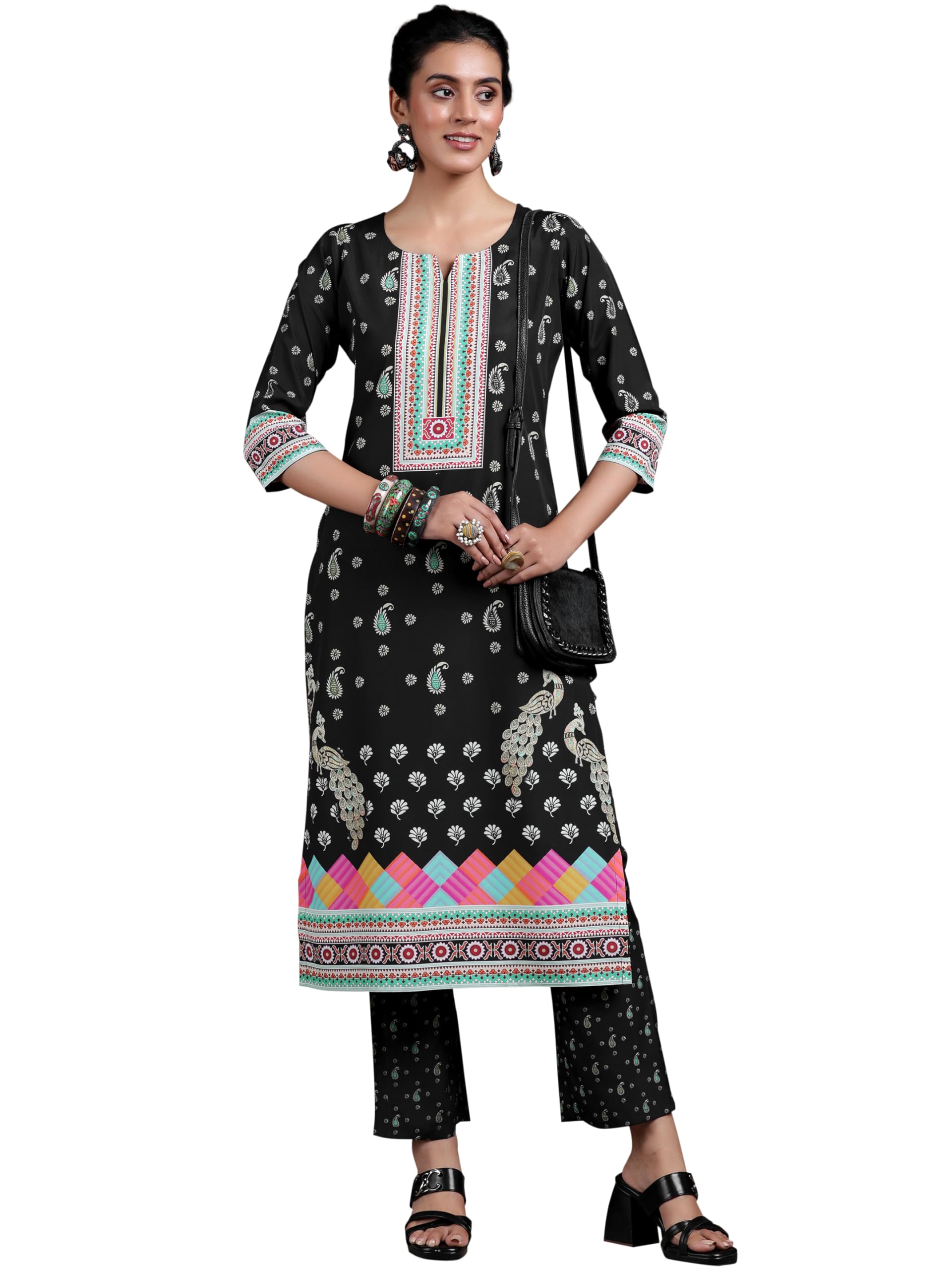 Libas Womens Printed Crepe Straight Kurta With Trousers Black