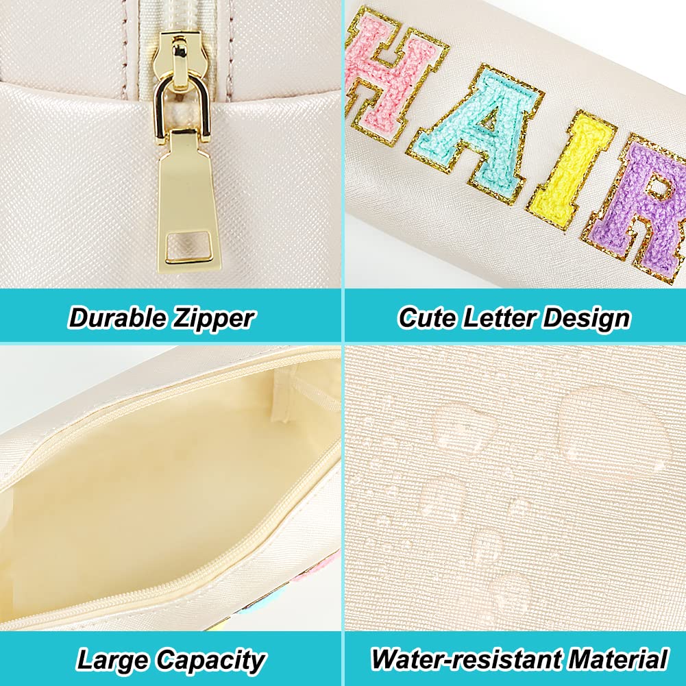 JOINDO Preppy Patch Makeup Bag, Chenille HAIR Letter Cosmetic Bag,PU Leather Skincare Toiletry Bag, Portable Makeup Bag with Var