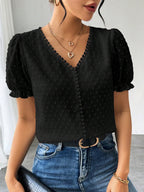 Shasmi Womens Black and White Elegant French Textured Fabric Solid Black Color Lace Panel V-Neck Jacquard Blouse,Short Puff Sle