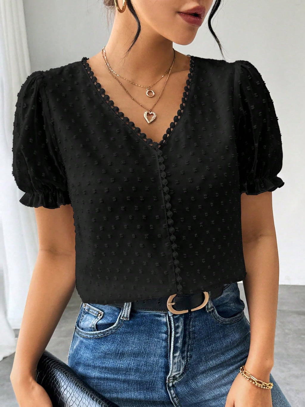 Shasmi Womens Elegant French Textured Fabric Solid Black Color Lace Panel V-Neck Jacquard Blouse,Short Puff Sleeve Tops Simple
