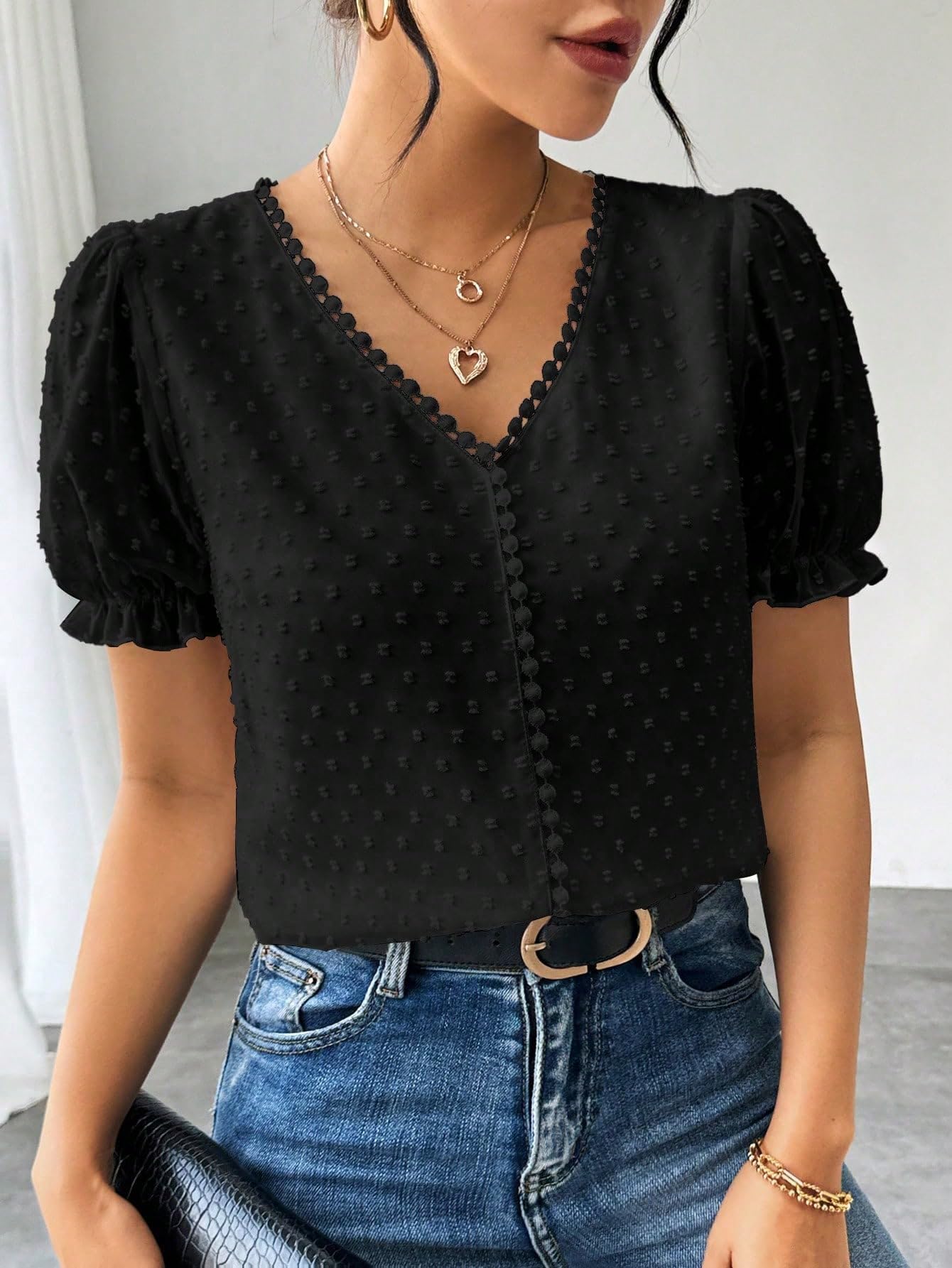 Shasmi Womens Elegant French Textured Fabric Solid Black Color Lace Panel V-Neck Jacquard Blouse,Short Puff Sleeve Tops Simple