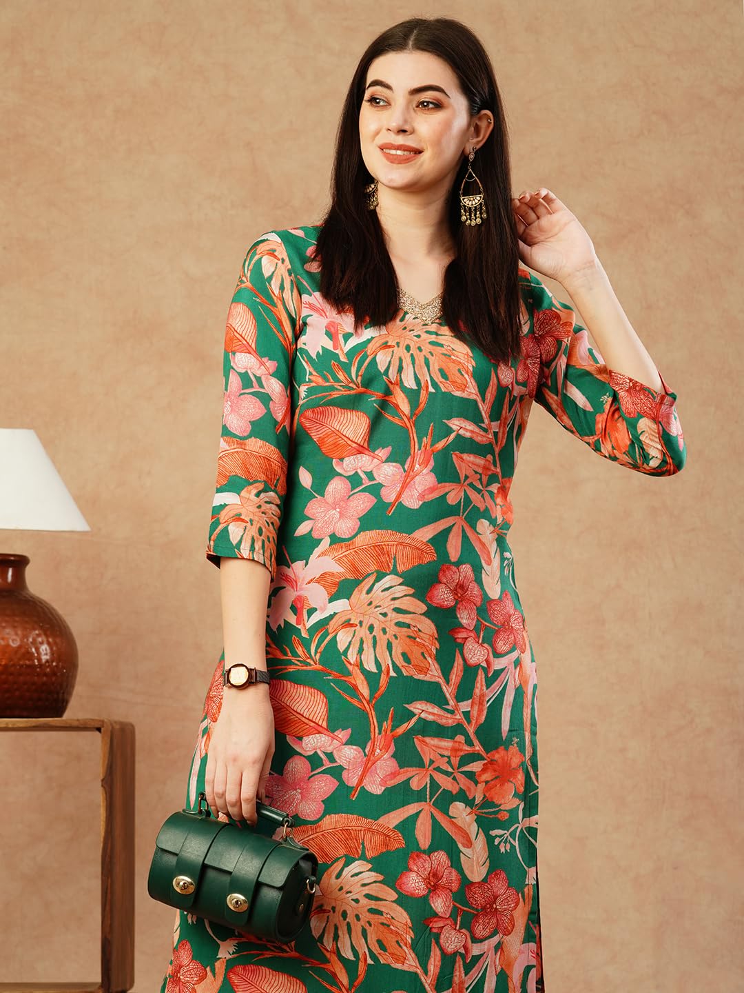 ANNI DESIGNER Womens Cotton Blend Straight Printed Kurta with Palazzo (Chinki Green-NW_XL_Green_X-Large)