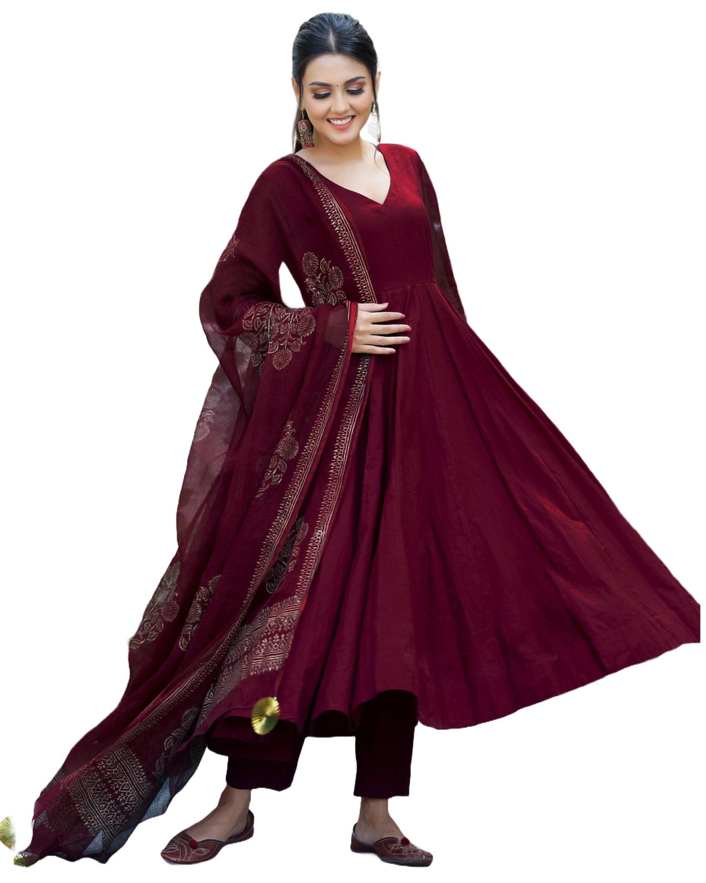 ANNI DESIGNER Womens Rayon Blend Solid Anarkali Kurta with Pant & Dupatta (MAGIC-WINE_L_Wine_Large)