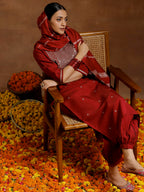Libas Gerua Womens Yoke Design Silk Blend Straight Kurta With Salwar And Dupatta