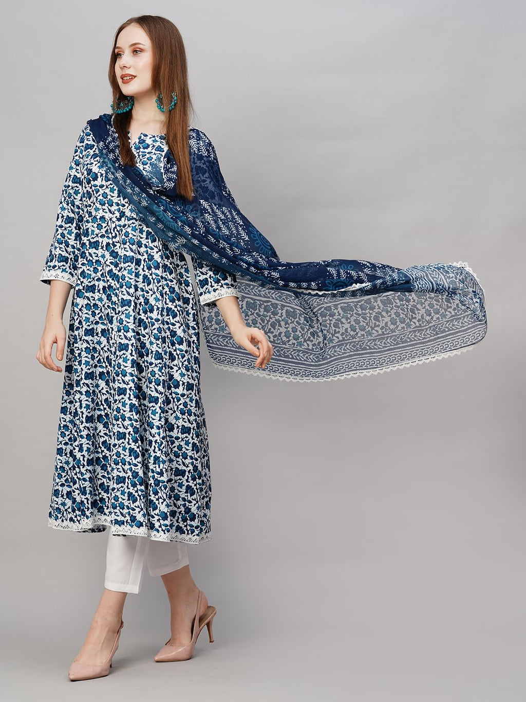 ANNI DESIGNER Ladies Cotton Blend Dupatta Kurta Trousers, Light Brown::Blue, L