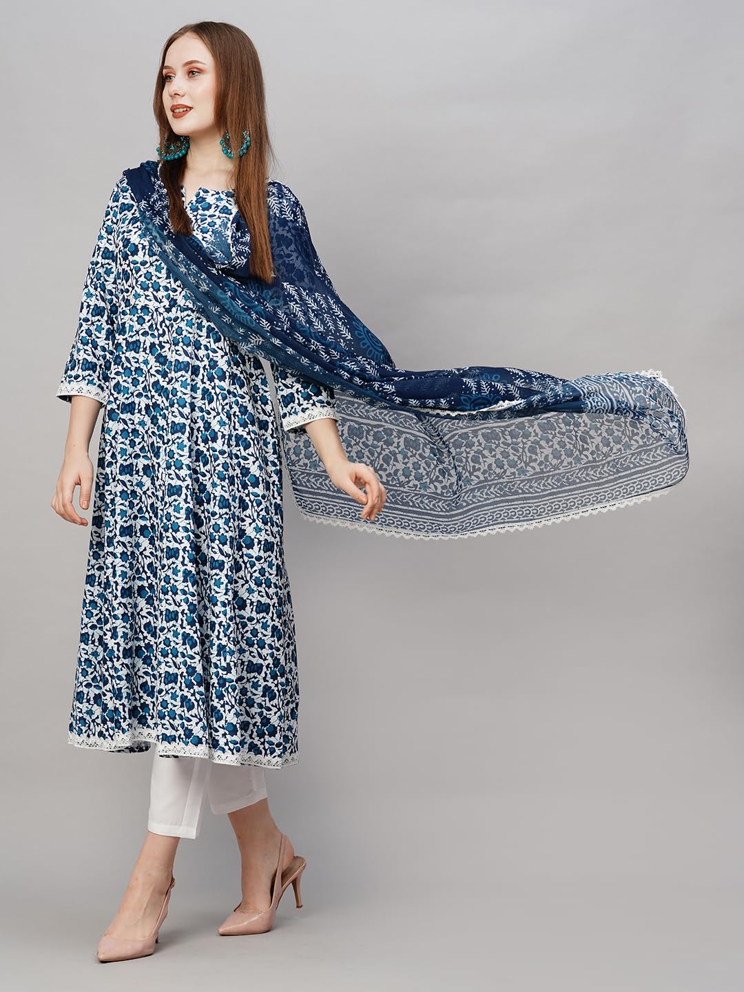 ANNI DESIGNER Ladies Cotton Blend Dupatta Kurta Trousers, Light Brown::Blue, L