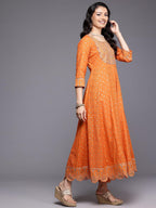 Varanga Women Orange Mirror And Thread Embroidered,Zari Embellished Scalloped Schiffli Anarkali Kurta Paired Wirh Printed Bottom