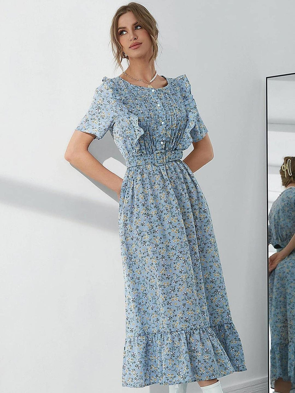 Kotty Womens Polyester Printed Fit And Flared Sky Blue Dress