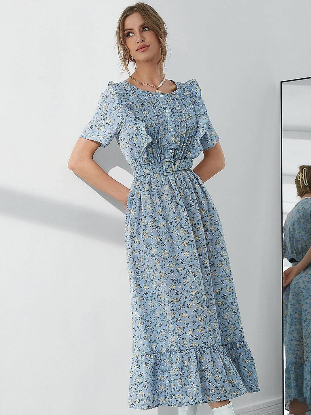 Kotty Womens Polyester Printed Fit And Flared Sky Blue Dress