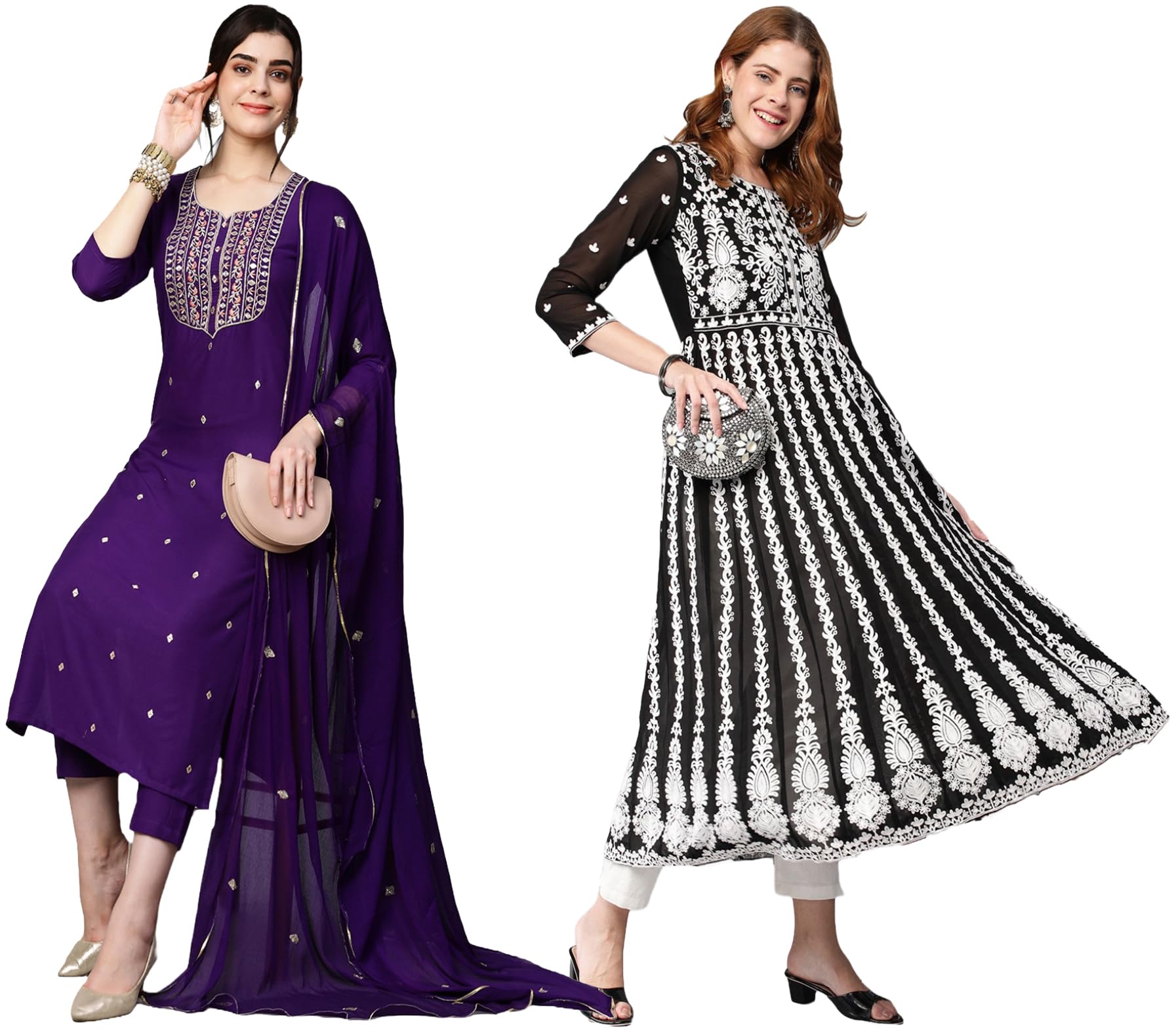 ANNI DESIGNER Ladies Cotton Blend Dupatta Kurta Trousers Pack of 2, multi-coloured, M