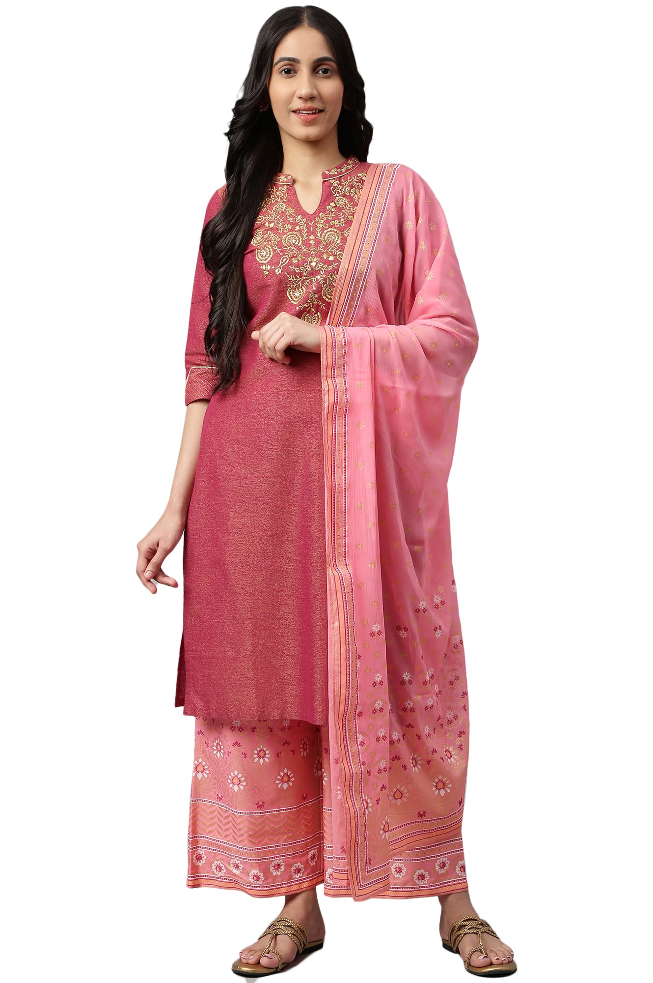 Aurelia Women'S Purple Yarn-Dyed Straight Kurta-Palazzos-Dupatta Set