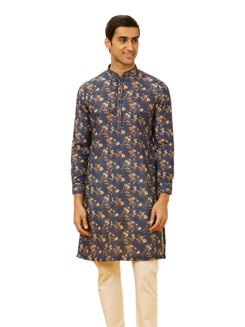 Manyavar MenS Cotton Blend Blue Printed Kurta Pyjama Set (L)