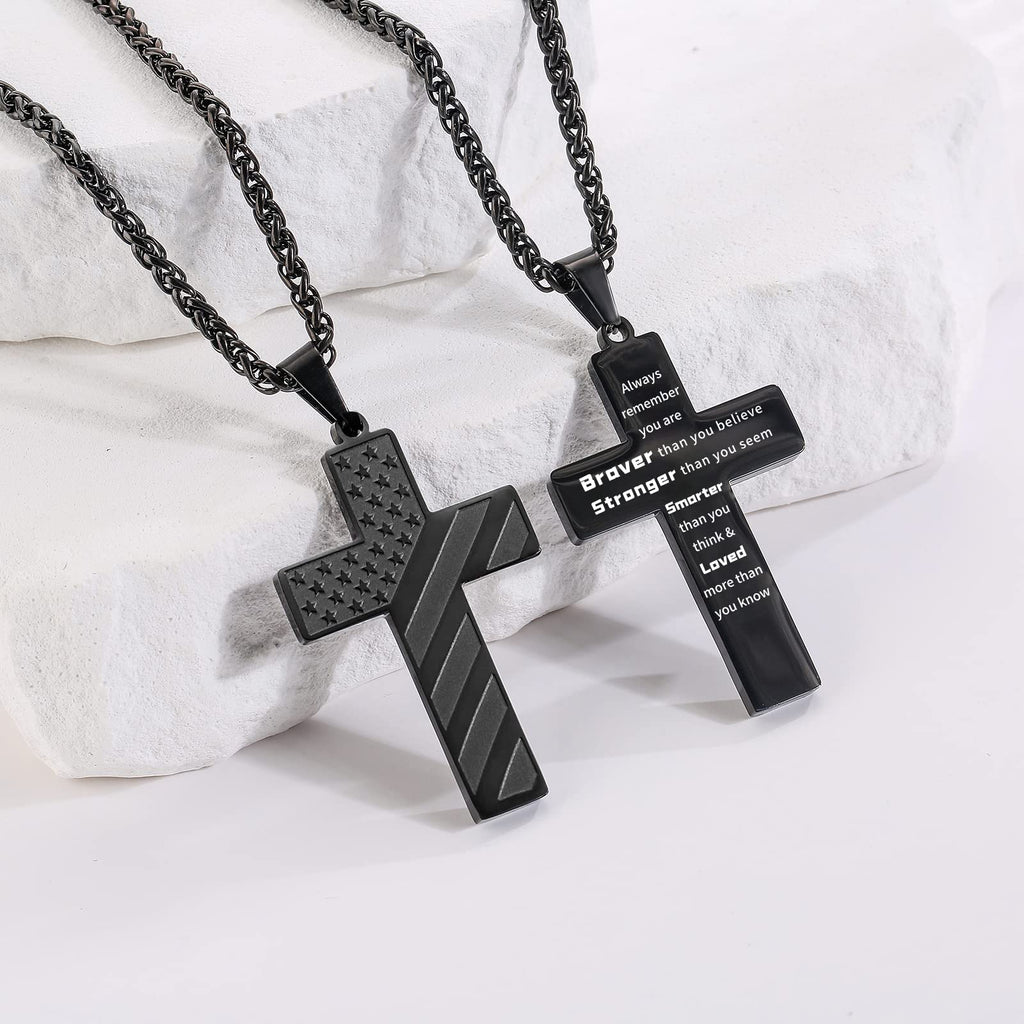 DuoDiner Black Cross Necklace for Boys Men Pendant Chain Stainless Steel American Flag Always Remember Religious Christian Confi