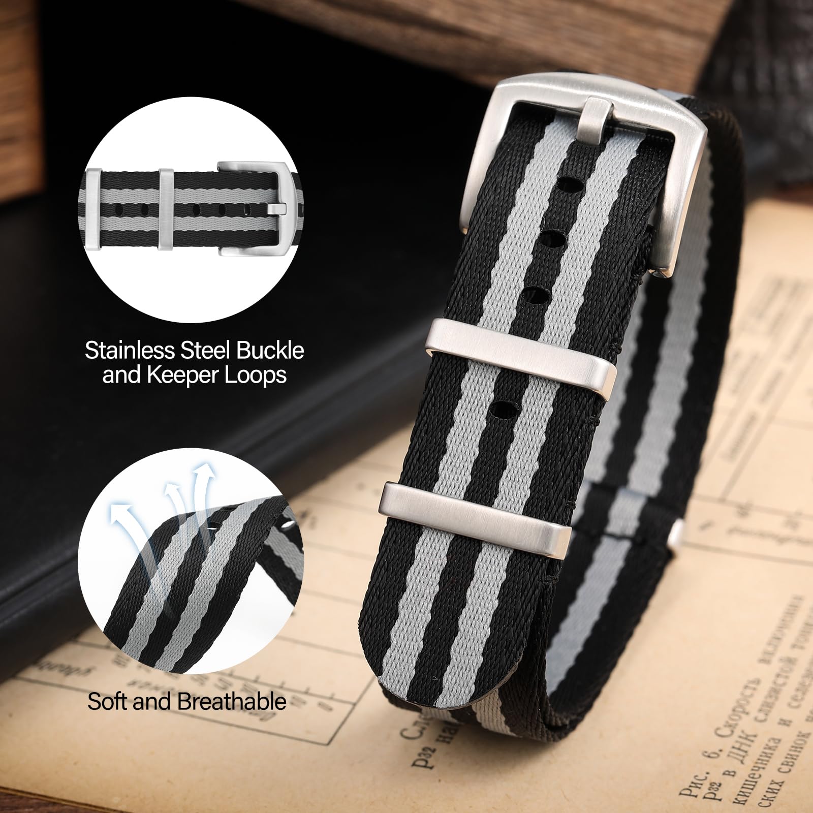 watchdives Nylon Watch Band 20mm 22mm Multicolor Replacement Watch Straps for Men Women (A17 Black Gray, 22mm)