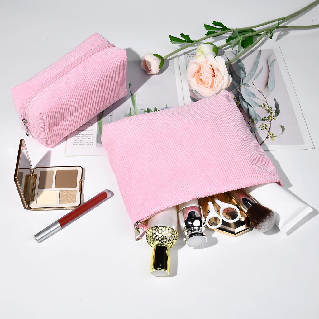 SOIDRAM 2 Pieces Makeup Bag Large Corduroy Cosmetic Bag Capacity Canvas Mix Travel Toiletry Bag Organizer Cute Makeup Brushes Ae