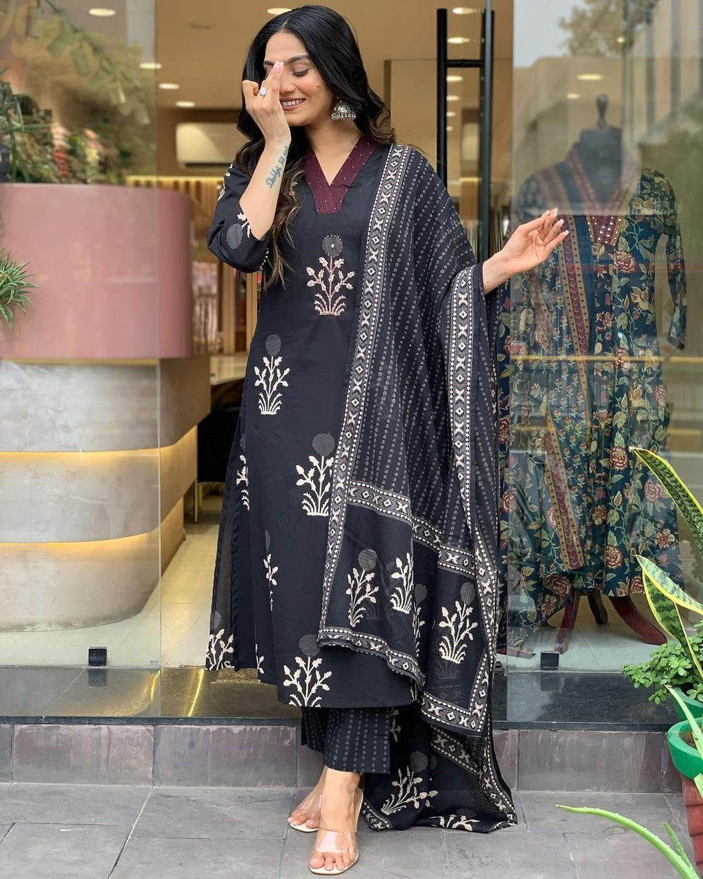 GoSriKi Ladies Viscose Rayon Straight Print Kurta with Trousers and Dupatta