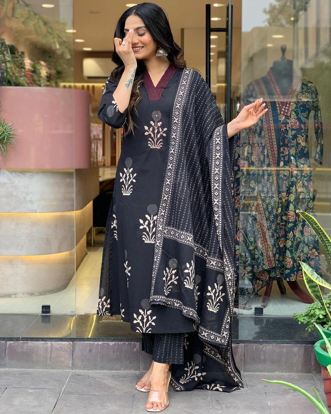 GoSriKi Ladies Viscose Rayon Straight Print Kurta with Trousers and Dupatta