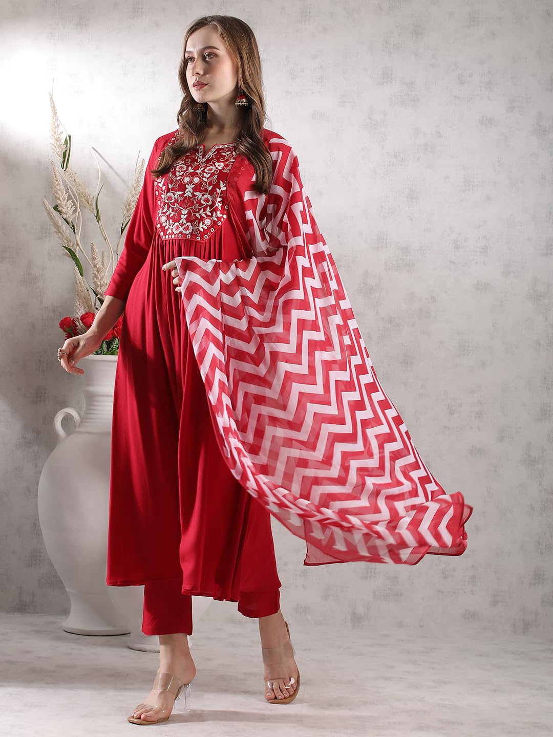 ANNI DESIGNER Women s Rayon Blend Kurta with Pants and Dupatta, Red, L