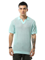 Bewakoof Mens Textured Regular Fit Half Sleeve Polo Neck Cotton T-Shirt_634385_Blue_XL