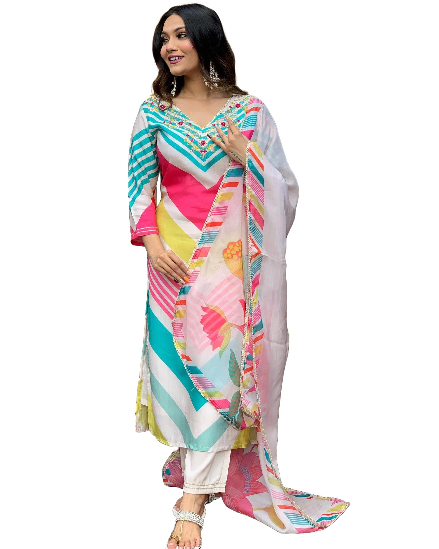 ANNI DESIGNER Womens Cotton Blend Straight Printed Kurta with Pant & Dupatta (Dhimi Pink-NW_M_Pink_Medium)