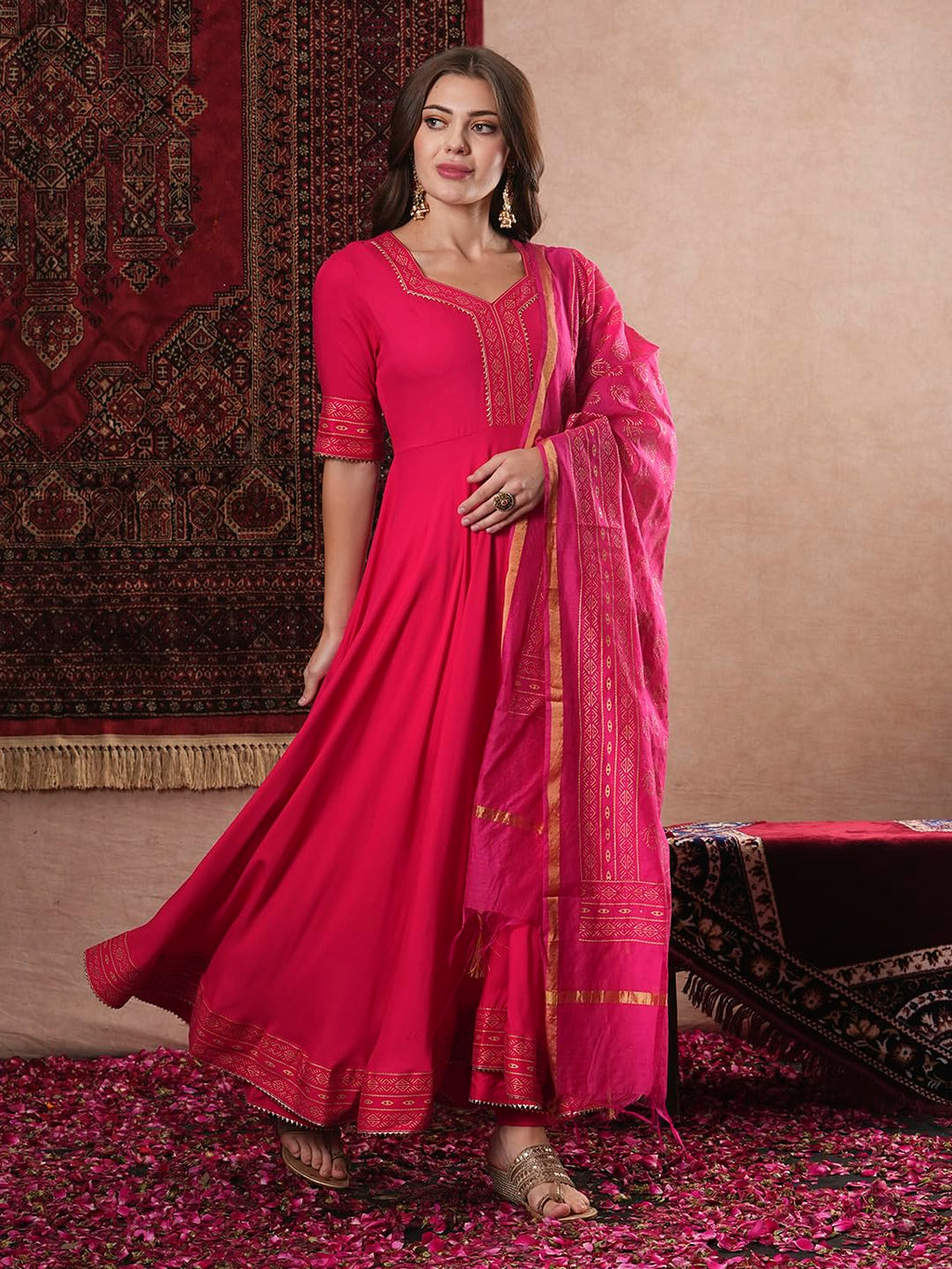 ANNI DESIGNER Women s Printed Rayon Blend Kurta with Pants and Dupatta, Pink, 2XL