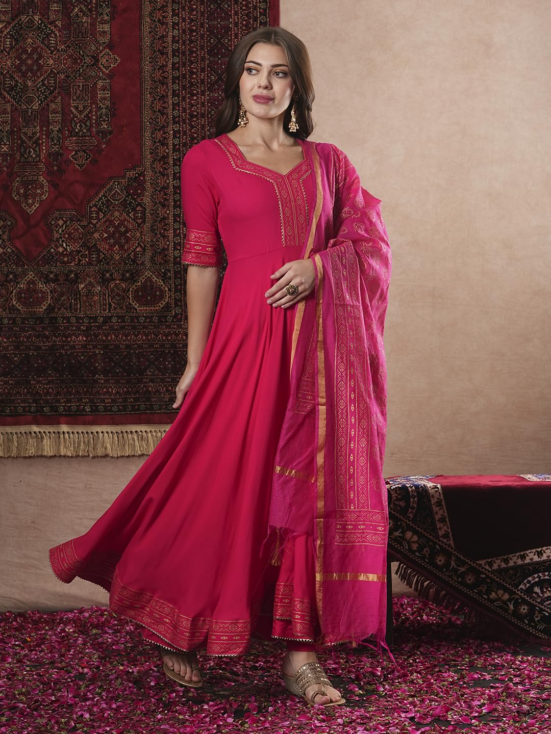 ANNI DESIGNER Women s Printed Rayon Blend Kurta with Pants and Dupatta, Pink, 2XL