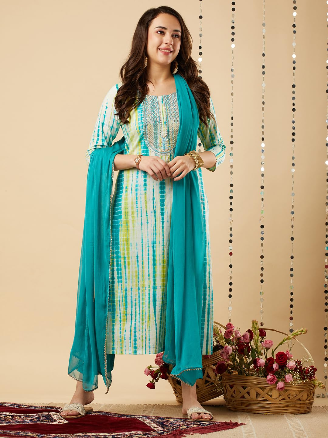 ANNI DESIGNER Womens Cotton Blend Straight Printed Kurta with Pant & Dupatta (Tiedye-RAMA Blue_XXL_Blue_XX-Large)