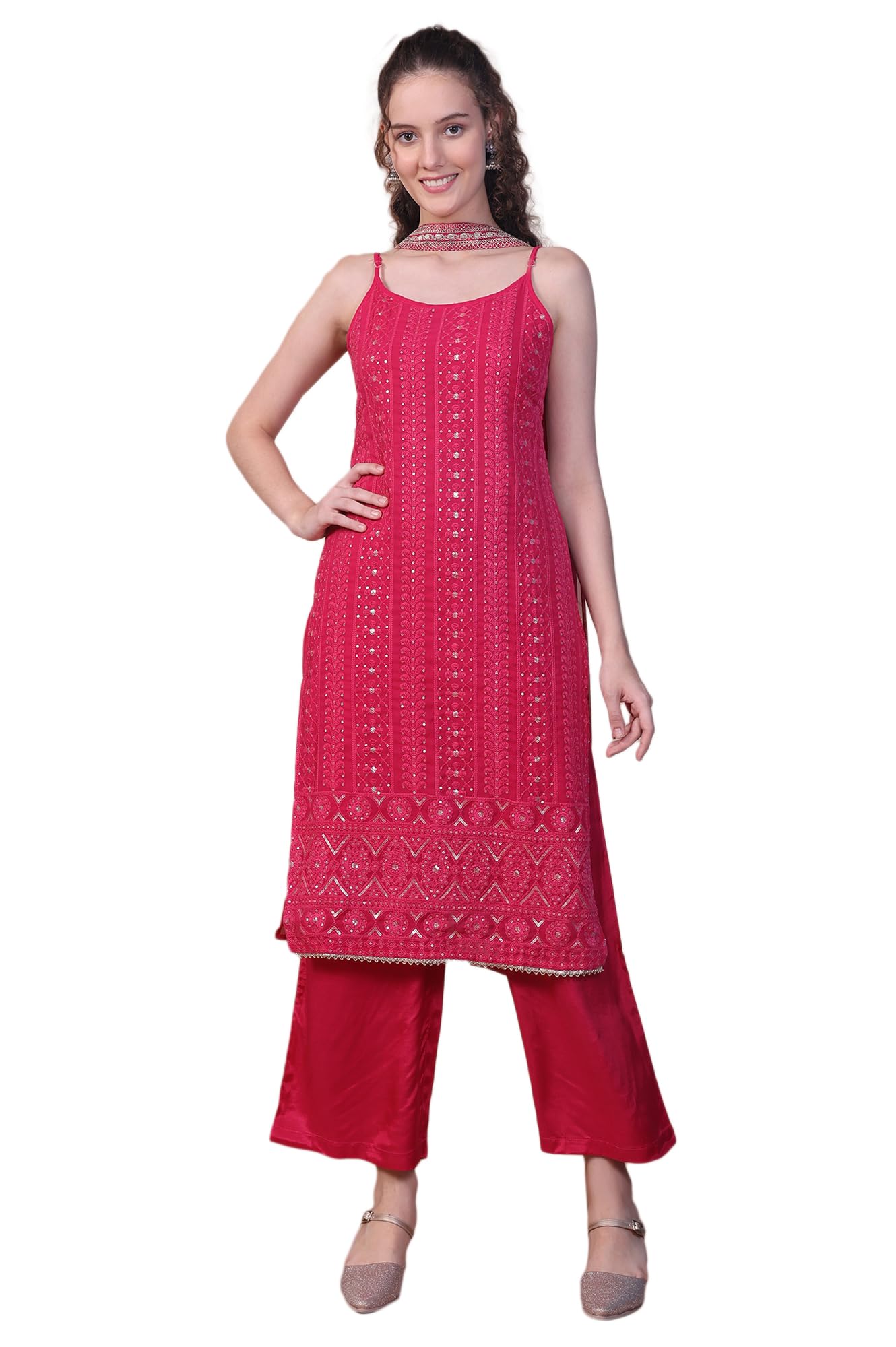 Aurelia Womens Pink Embroidered Spaghetti Strap Kurta, Palazzo and Dupatta Set (Size: XL)-AS15814-E608411