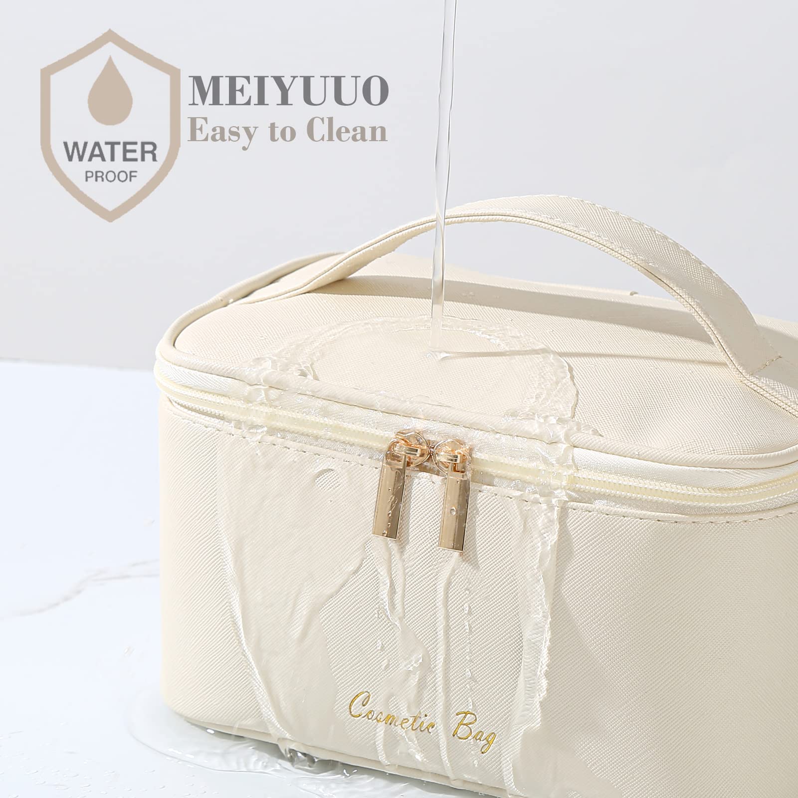 Meiyuuo Cute Makeup Bag Small Cosmetic Bags for Women Medium Pouch Toiletry Bag Waterproof Organizer(Light Beige)