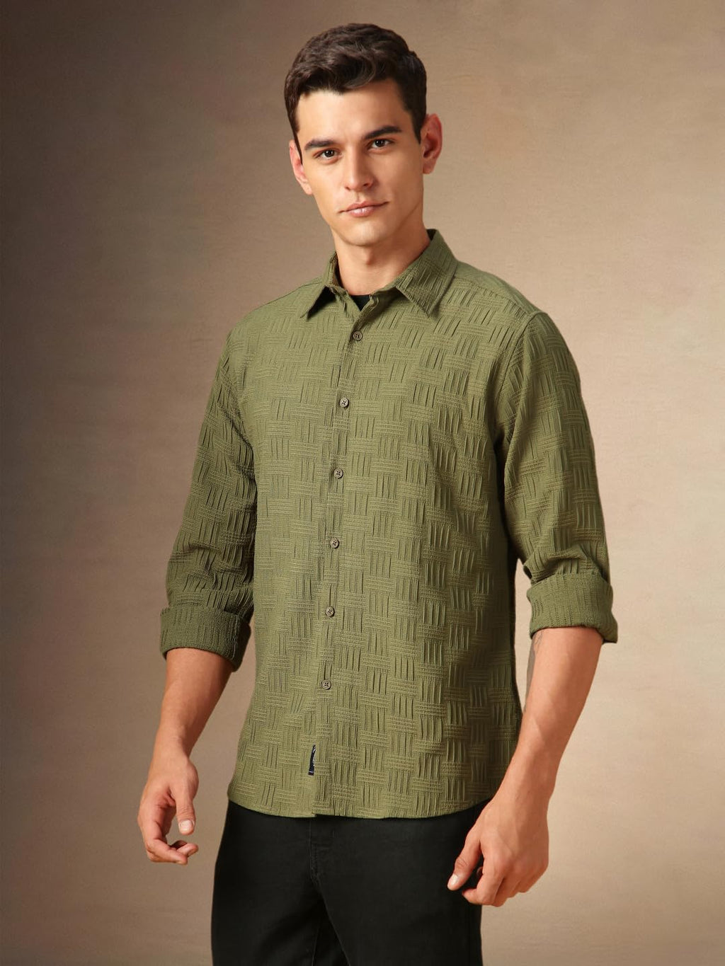 Dennis Lingo Men Textured Cotton Poly Regular Fit Full Sleeves Shirts Olive