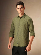 Dennis Lingo Men Textured Cotton Poly Regular Fit Full Sleeves Shirts Olive