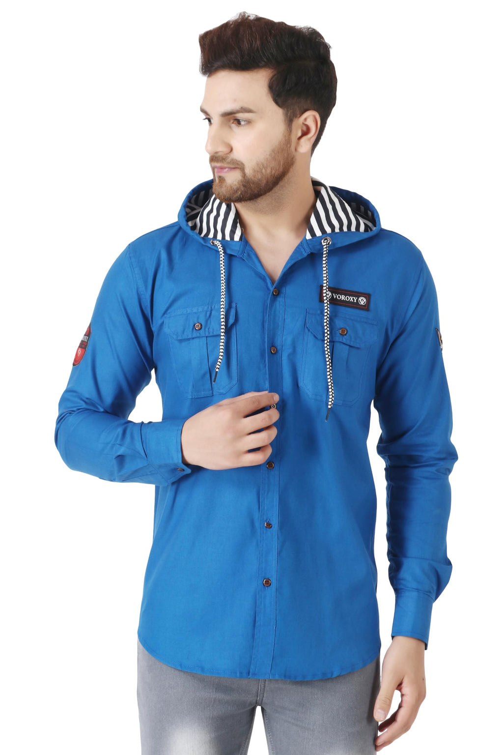 Besix MenS Blue Tailored Fit Cotton Blend Shirt For Man With Hoodie - Casual Long Sleeve Shirt With Pockets - Patch Detail For 