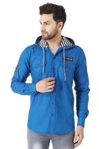 Besix MenS Blue Tailored Fit Cotton Blend Shirt For Man With Hoodie - Casual Long Sleeve Shirt With Pockets - Patch Detail For 