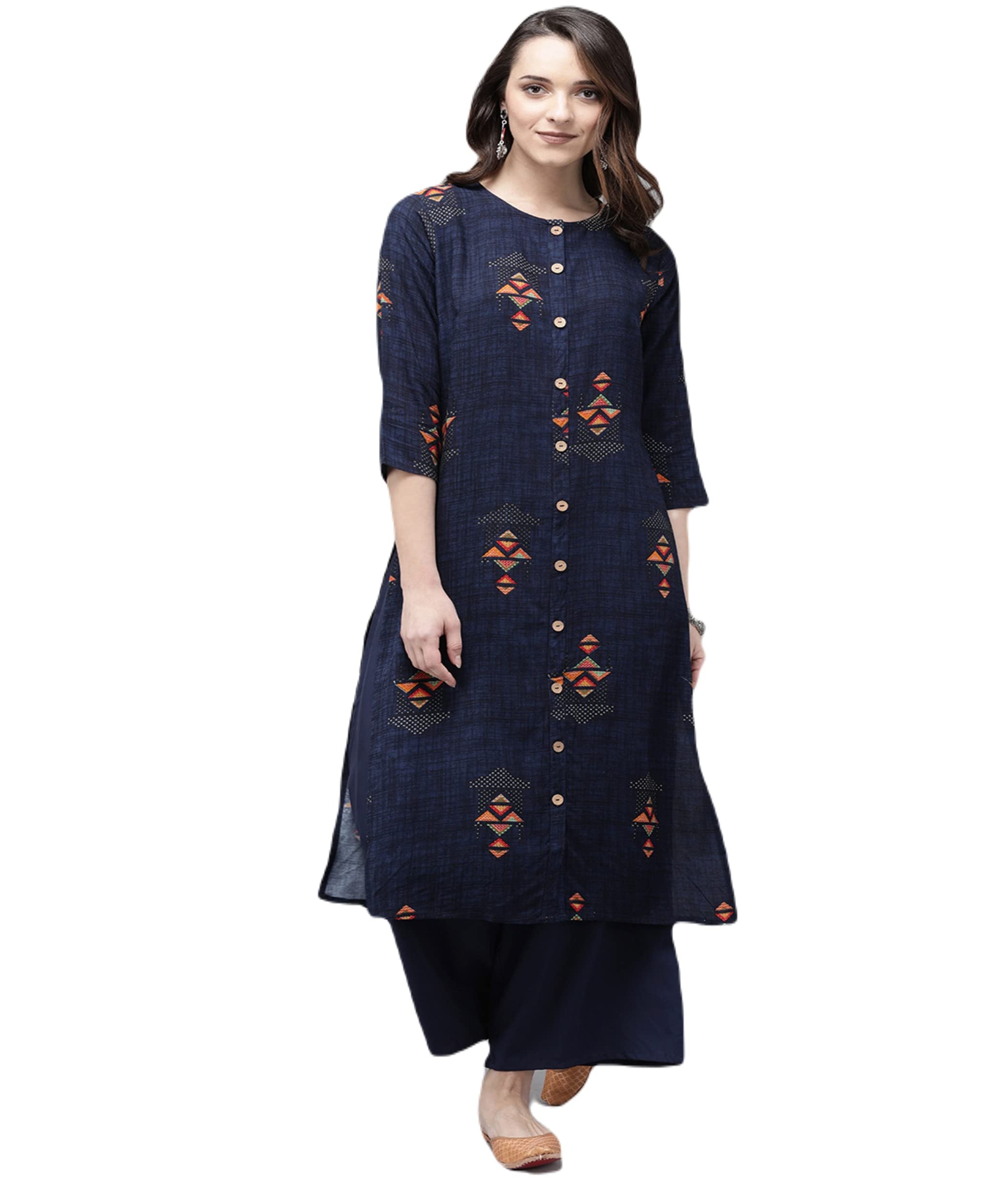 ANNI DESIGNER Women's Cotton Blend Straight Printed Kurta with Palazzo (Ekde Blue_S_Blue_Small)