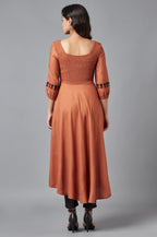 W Brown Rayon Blend Embroidered A-Line Kurta for Women