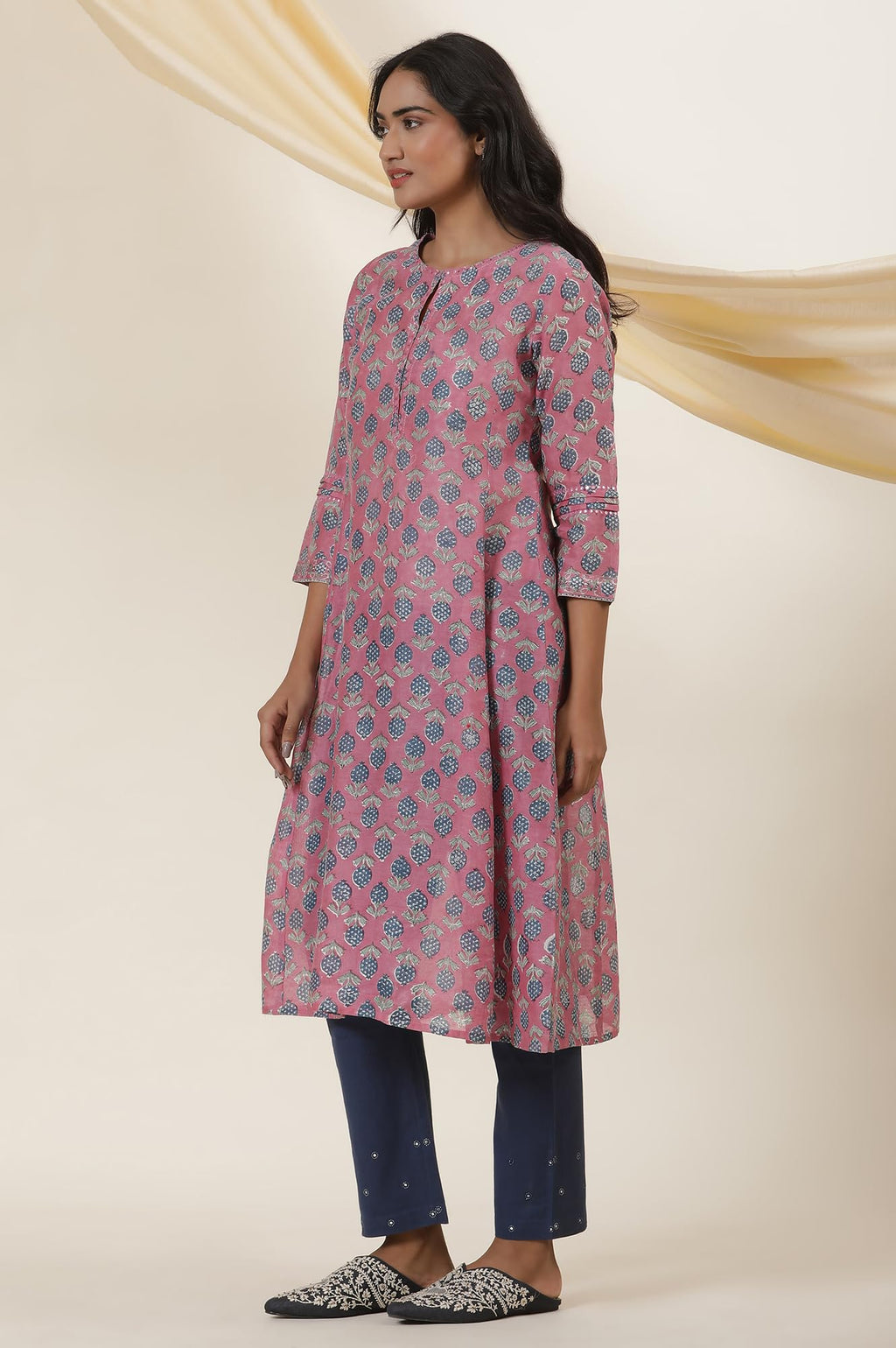 W For Woman Folksong Pink Festive Printed Cotton A-Line Kurta