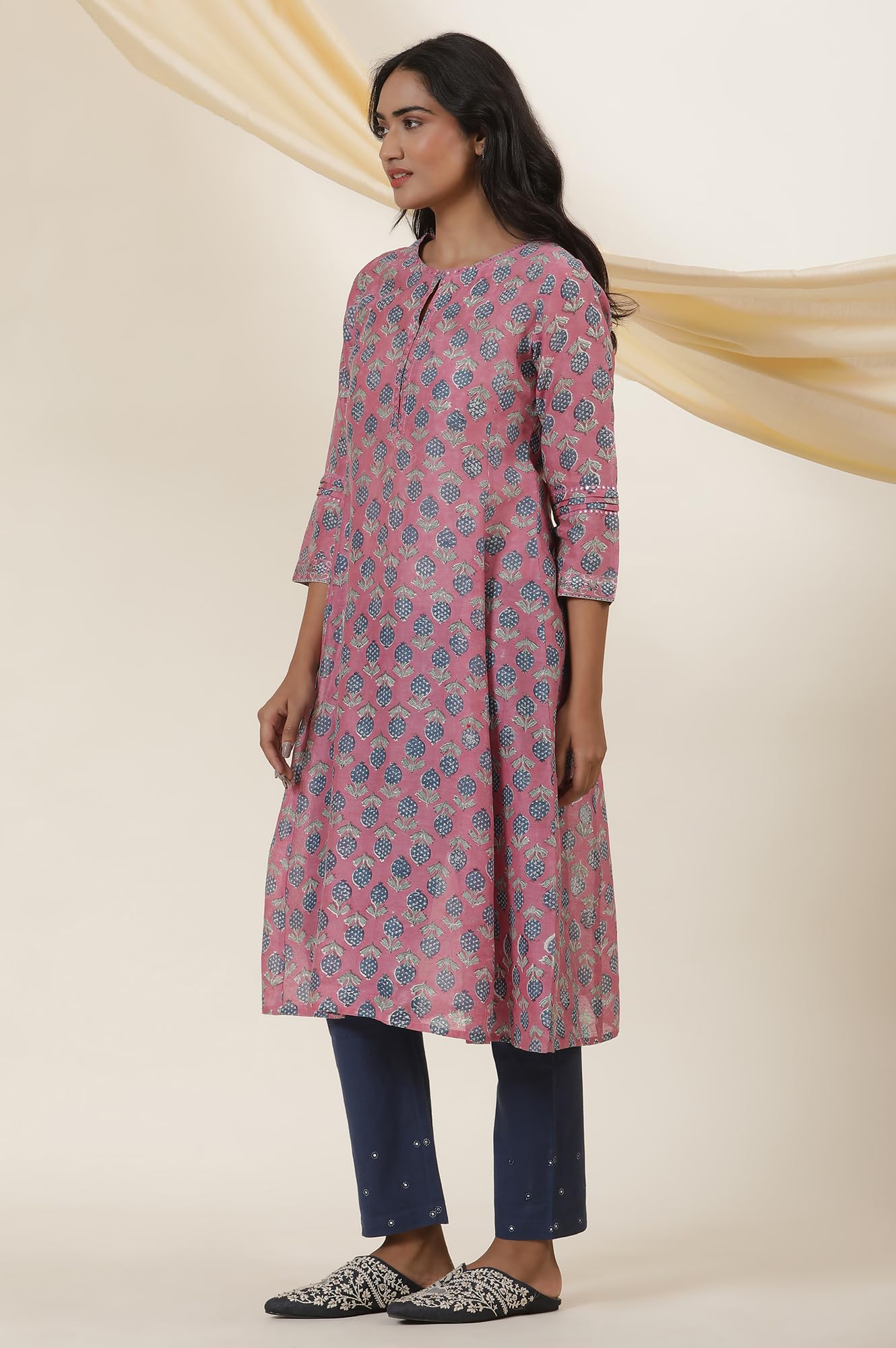 W For Woman Folksong Pink Festive Printed Cotton A-Line Kurta