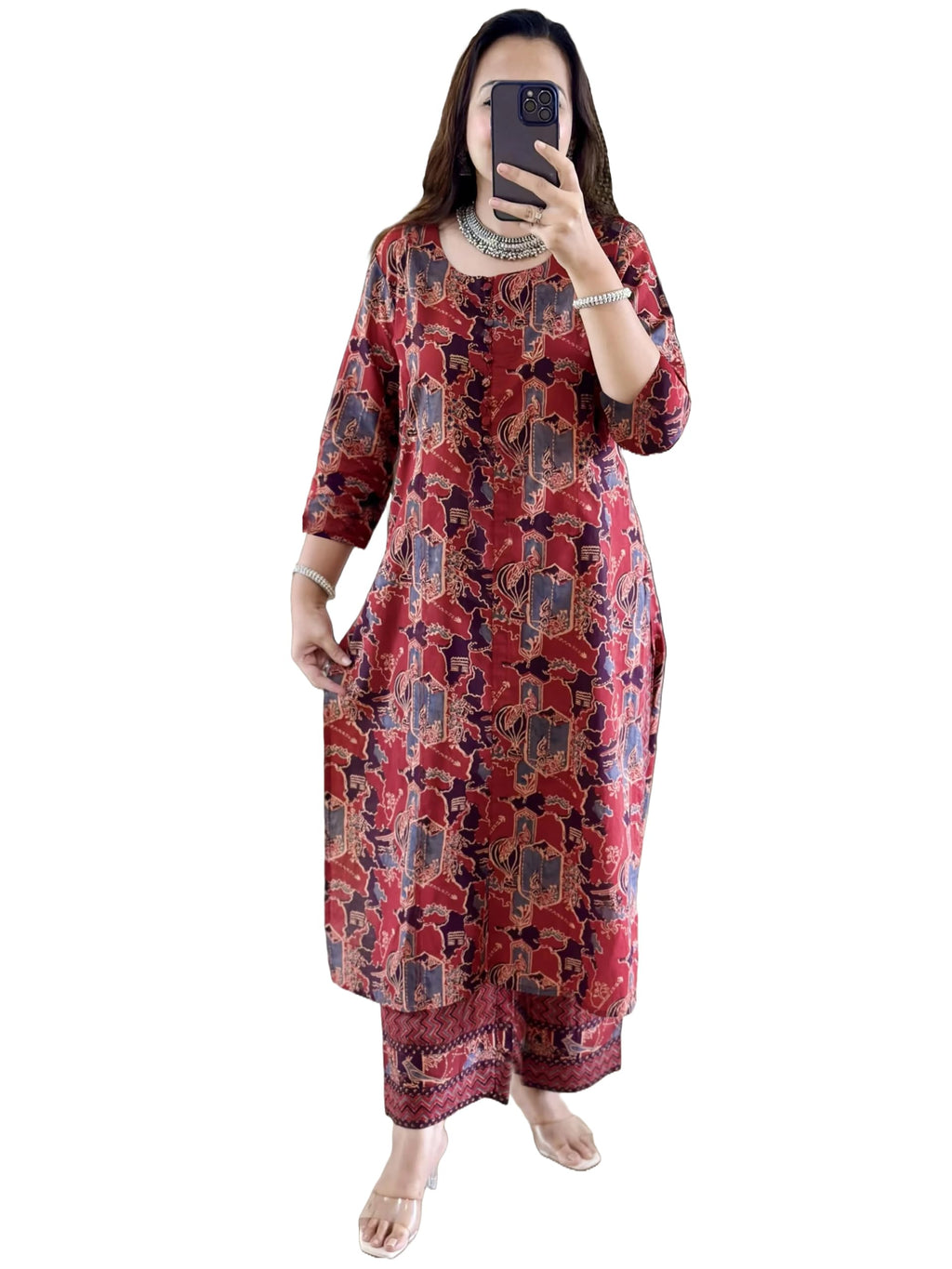ANNI DESIGNER Womens Rayon Viscose Straight Printed Kurta with Pant (Palhar Red_XXL_Red_XX-Large)