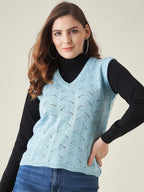 Modeve Self Design V Neck Casual Women Light Blue Sweater||Winterwear||